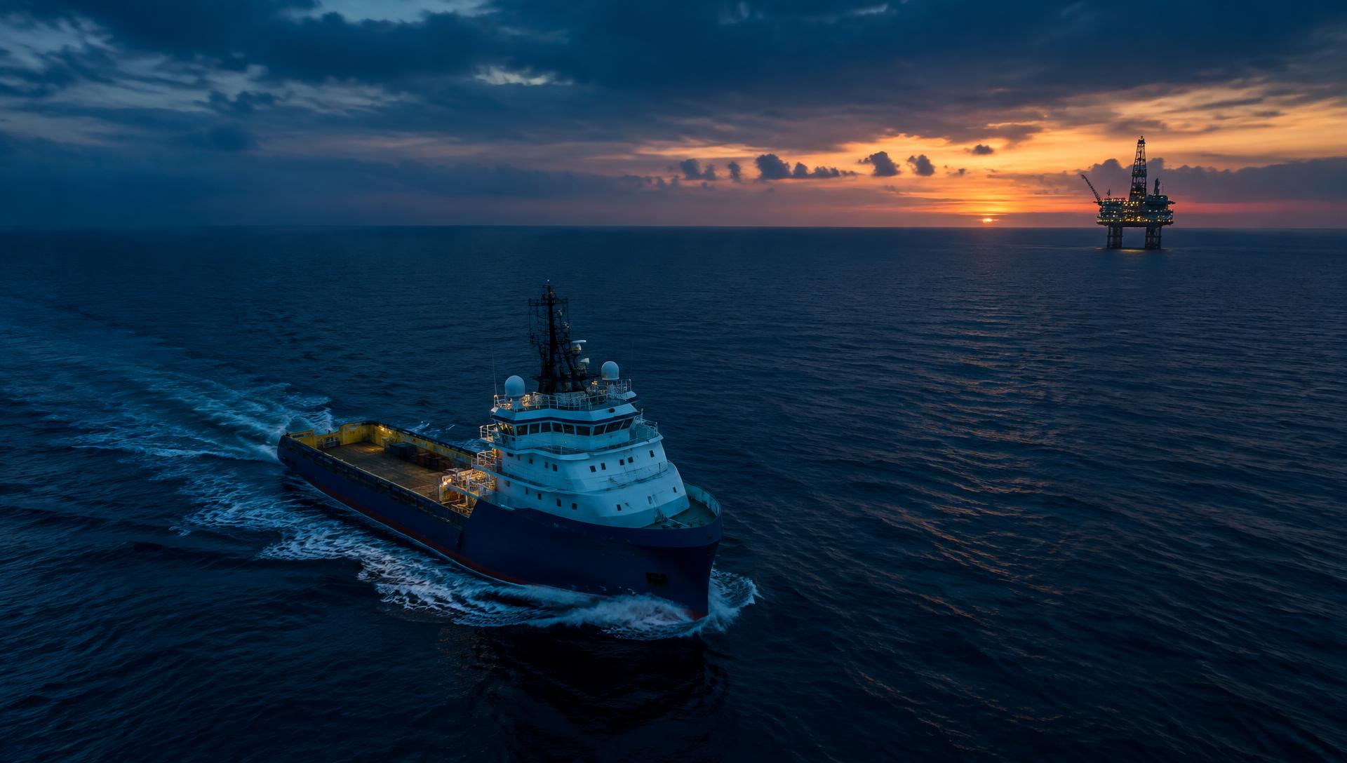 Offshore supply vessel near an oil platform at dusk